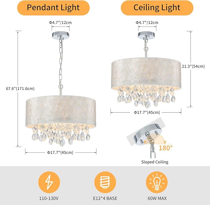 4-Lights Drum Capiz Shell Crystal Chandeliers, Coastal Style Pendant Light Fixture for Dining Room, Living Room, D18 x 21~68"(Adjustable), Shell Lampshade & Chrome Finish
