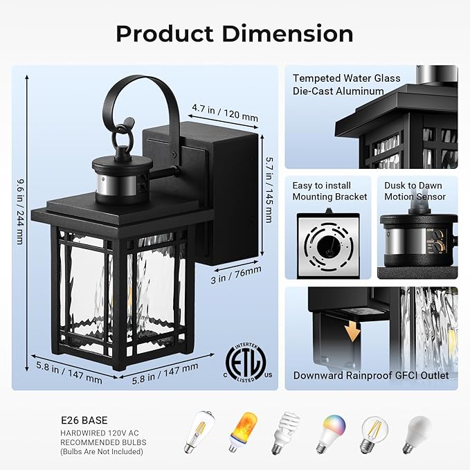 2-Pack Front Porch Light with GFCI Outlet, Black Motion Sensor Outdoor Light Fixtures Wall Mount, Exterior Wall Sconce with Adjustable Sense Range, 100% Aluminum Coach Lantern for Garage, Patio