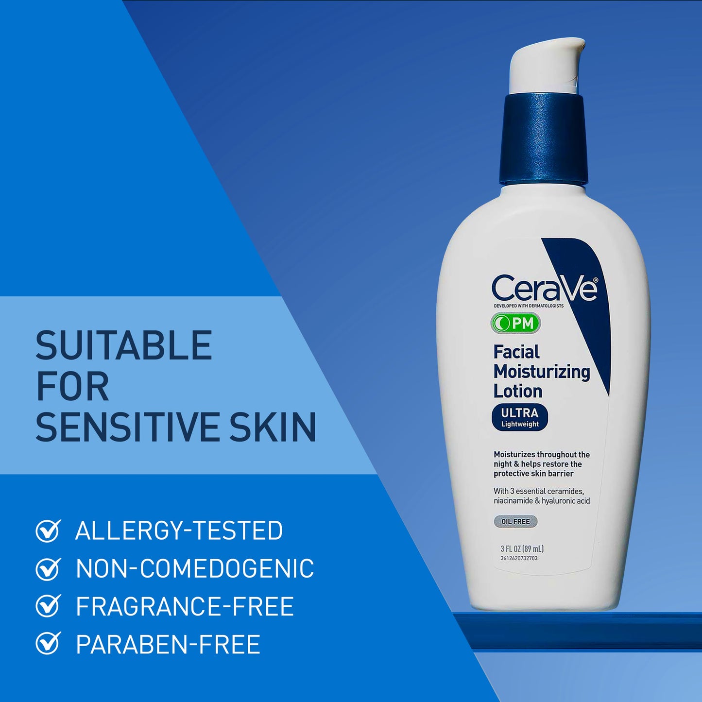 CeraVe PM Facial Moisturizing Lotion, Night Cream with Hyaluronic Acid and Niacinamide, Ultra-Lightweight, Oil-Free Moisturizer for Face, 3 Ounce