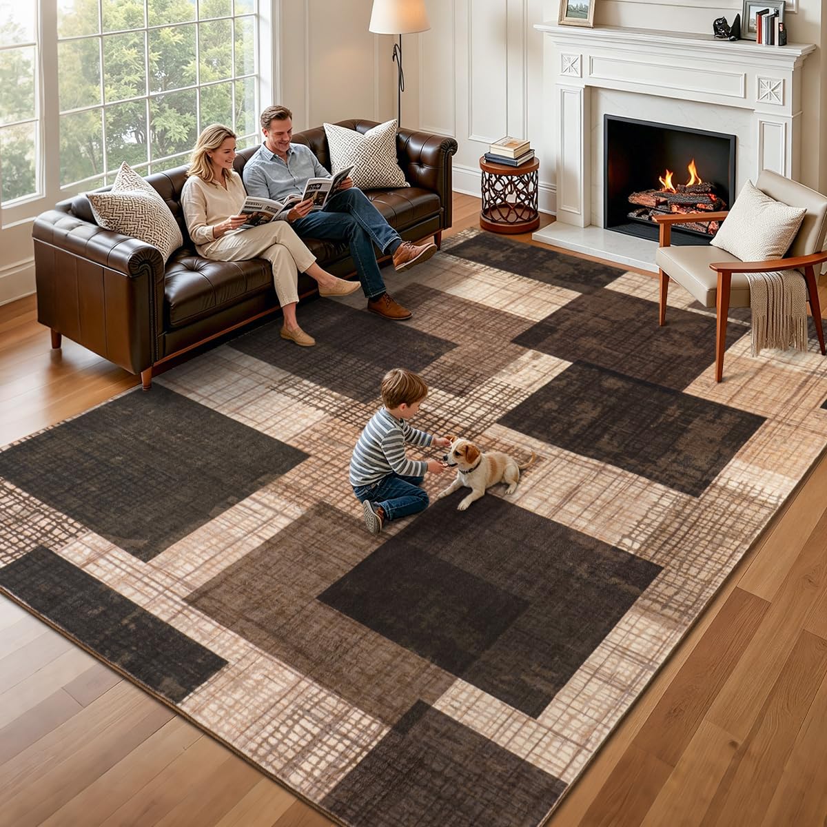 Modern Indoor Area Rug for Living Room, 8x10 Large Low Pile Geometric Patchwork Rug for Bedroom, Dining Room, Office, Hardwood Floors Home Decor, Non-Slip Faux Wool Machine Washable Area Rugs, Brown