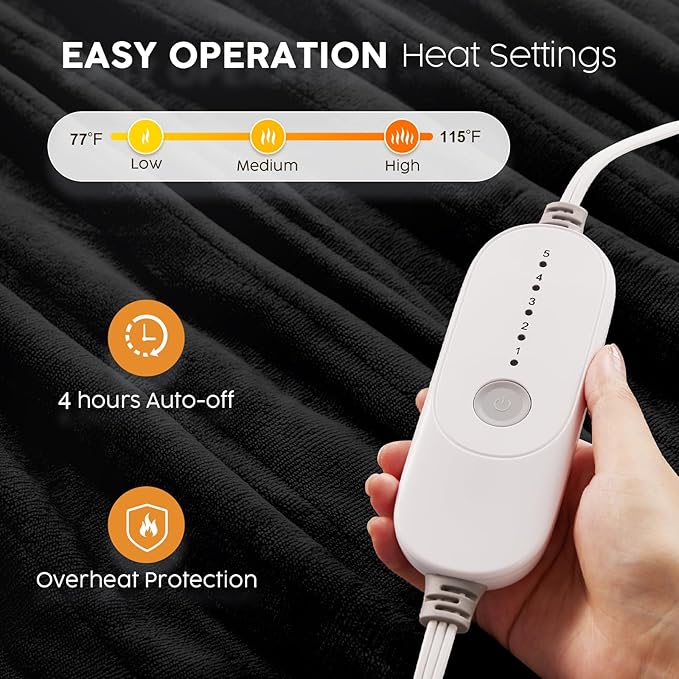 HYLEORY Heated Electric Blanket Queen 84"x90" Soft Fleece & Flannel with 5 Heating Levels & 10 Hours Timer Auto Shutt Off, ETL Certified, Washable，Heated Blanket for Body-Black