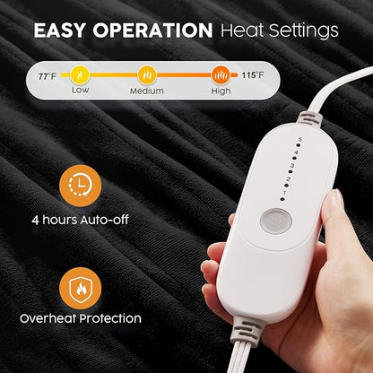 HYLEORY Heated Electric Blanket Queen 84"x90" Soft Fleece & Flannel with 5 Heating Levels & 10 Hours Timer Auto Shutt Off, ETL Certified, Washable，Heated Blanket for Body-Black