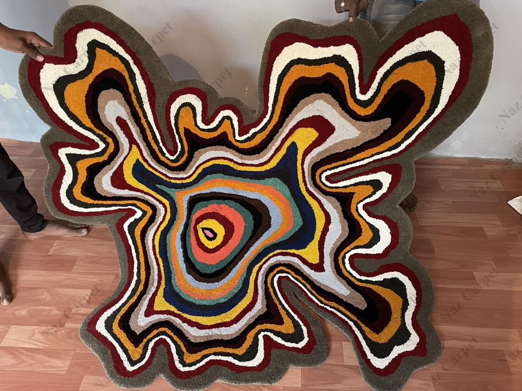 Naz Carpet Irregular Shaped Throw Rug Illusion Pattern Hand-Tufted 100% Wool Handmade Area Rug (Color Multi, 4x4 Feet)