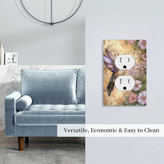 Decorative Art Light Switch Covers Blossom & Hummingbird 1 Gang Single Duplex Outlet Wall Plate Switchplate Electrical Faceplate for Home Decor