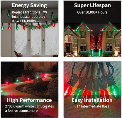 25Ft C9 LED Christmas Lights Outdoor Indoor, Clear Red Green Vintage String Lights, Connectable Dimmable Holiday Decor for Xmas Tree Roofline Patio Backyard Cafe, 25 Bulbs