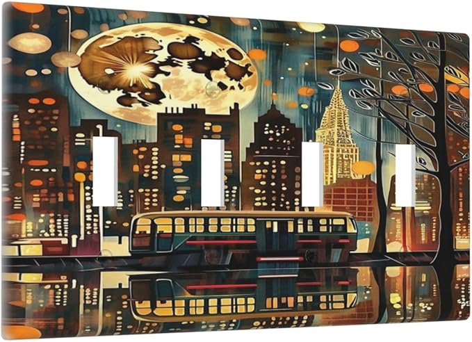 City Light Moon Bus Abstract Art Light Switch Covers Quad Toggle 4 Gang Wall Plate Decorative Switchplate Electrical Faceplate for Farmhouse Bathroom Living Decor