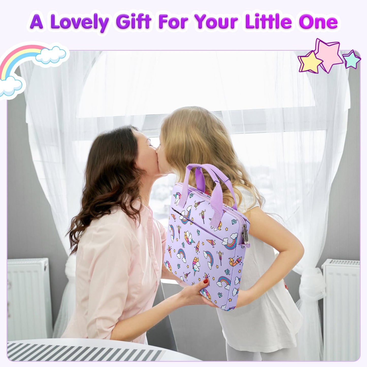 MoKo 10-12.5 Inch Kids Tablet Sleeve Carrying Case for Fire HD 10 13th/11th Gen, Fire HD 8/7 Kids 2022, Tablet Bag with Shoulder Strap for 10/10.1 Inch Android 12/13, Rainbow & Unicorn (Lilac)