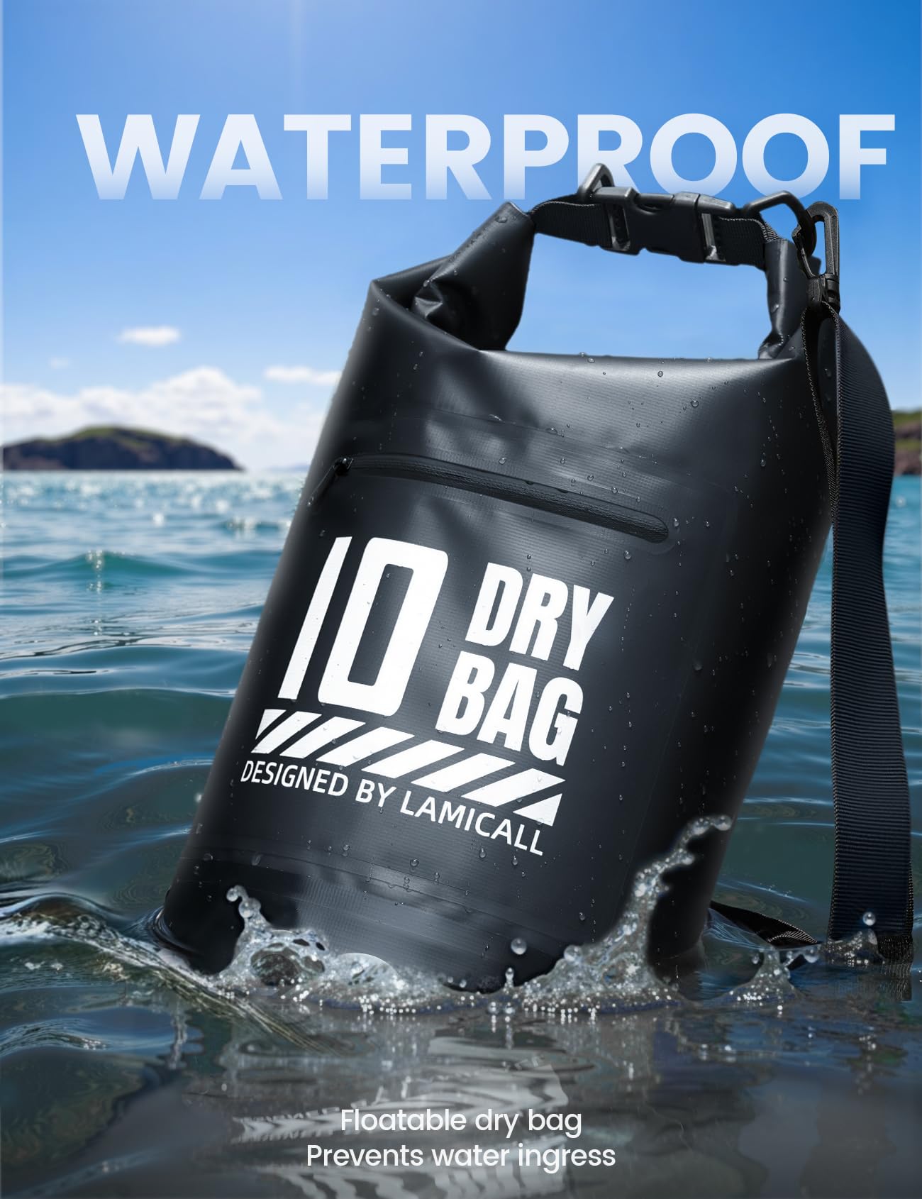 Lamicall Waterproof Dry Bag with Phone Pouch - 5L/10L/20L/30L/40L Floating Roll Top Backpack for Kayaking Boating Beach Camping Fishing - Heavy Duty 500D PVC Marine Dry Sack for Men, Women, Black 10L