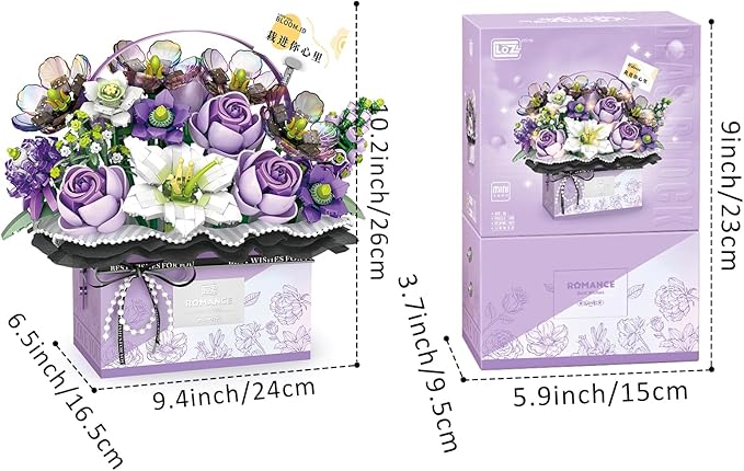 MEIEST Flower Bouquet Building Blocks Model SetSimulation Artificial Rose Handheld Gift BoxBonsai Plant Building Bricks ToysHome Decor (Mist Purple)