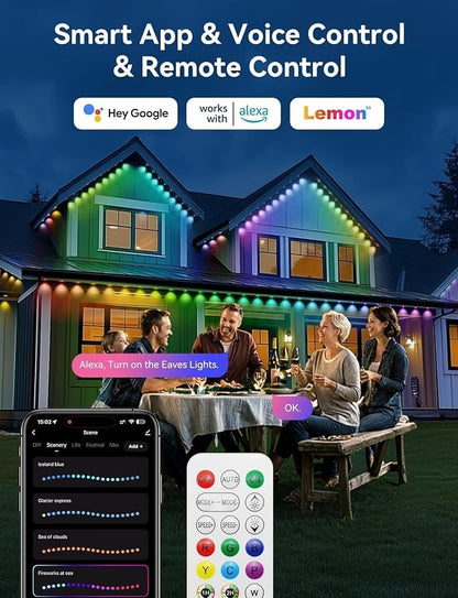Permanent Outdoor Lights, 200ft Smart IC+RGB Outdoor Christmas Lights with 144 LED, IP67 Waterproof LED Eaves Lighting with DIY Scene Modes for Halloween Holiday Decor, Work with App Remote, Alexa