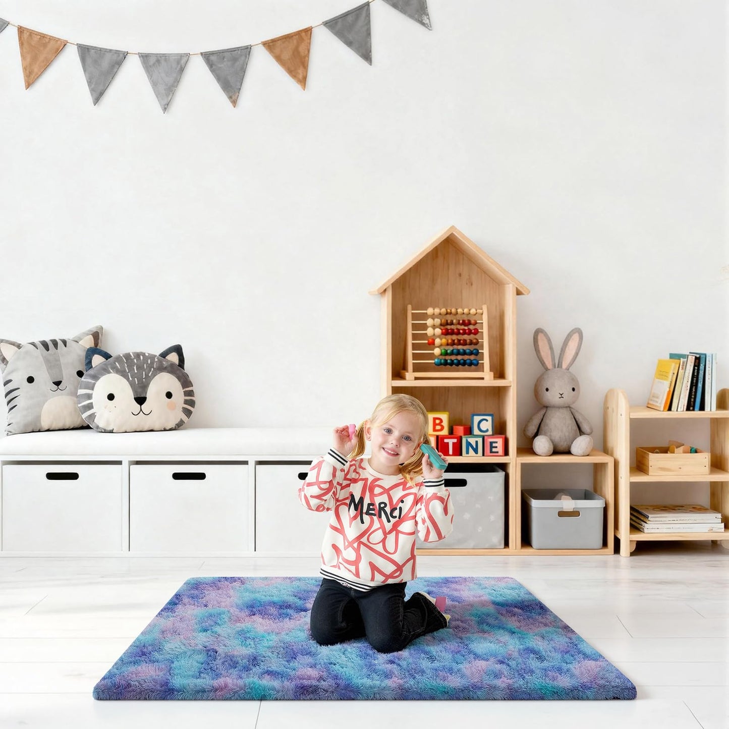 Ehayx 2x3 Rugs for Bedroom, Fluffy Area Rugs for Living Room, Small Fuzzy Shag Soft Carpet with 4 Non-Slip Adhesive Strips for Kids Boys and Girls Nursery Dorm Room Home Decor (2ft X 3ft, Rainbow)