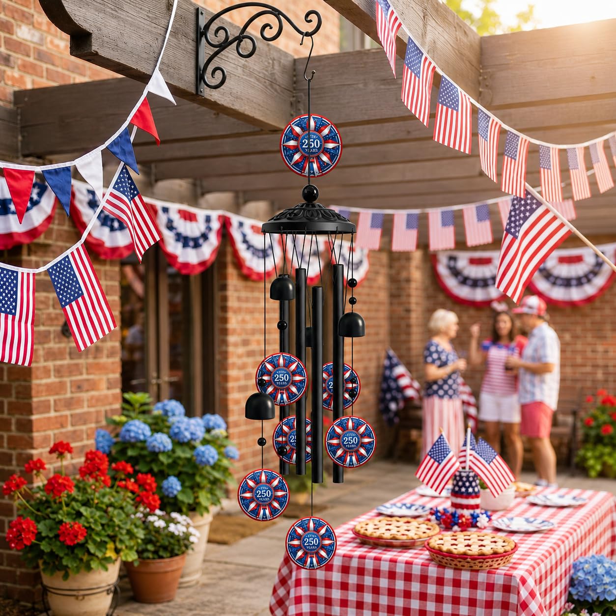 1776-2026 Patriotic Wind Chimes for Outside, Red White Blue American Flag Hanging Wind Chime with Stars and Bells, Outdoor Wind Chimes for Garden Decor, Porch Patio Yard Balcony Decor