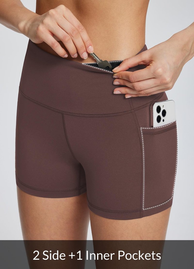 baleaf Gym Shorts Women 3" Biker Workout Yoga Spandex Running Volleyball Tummy Control Compression with Pockets Brown L