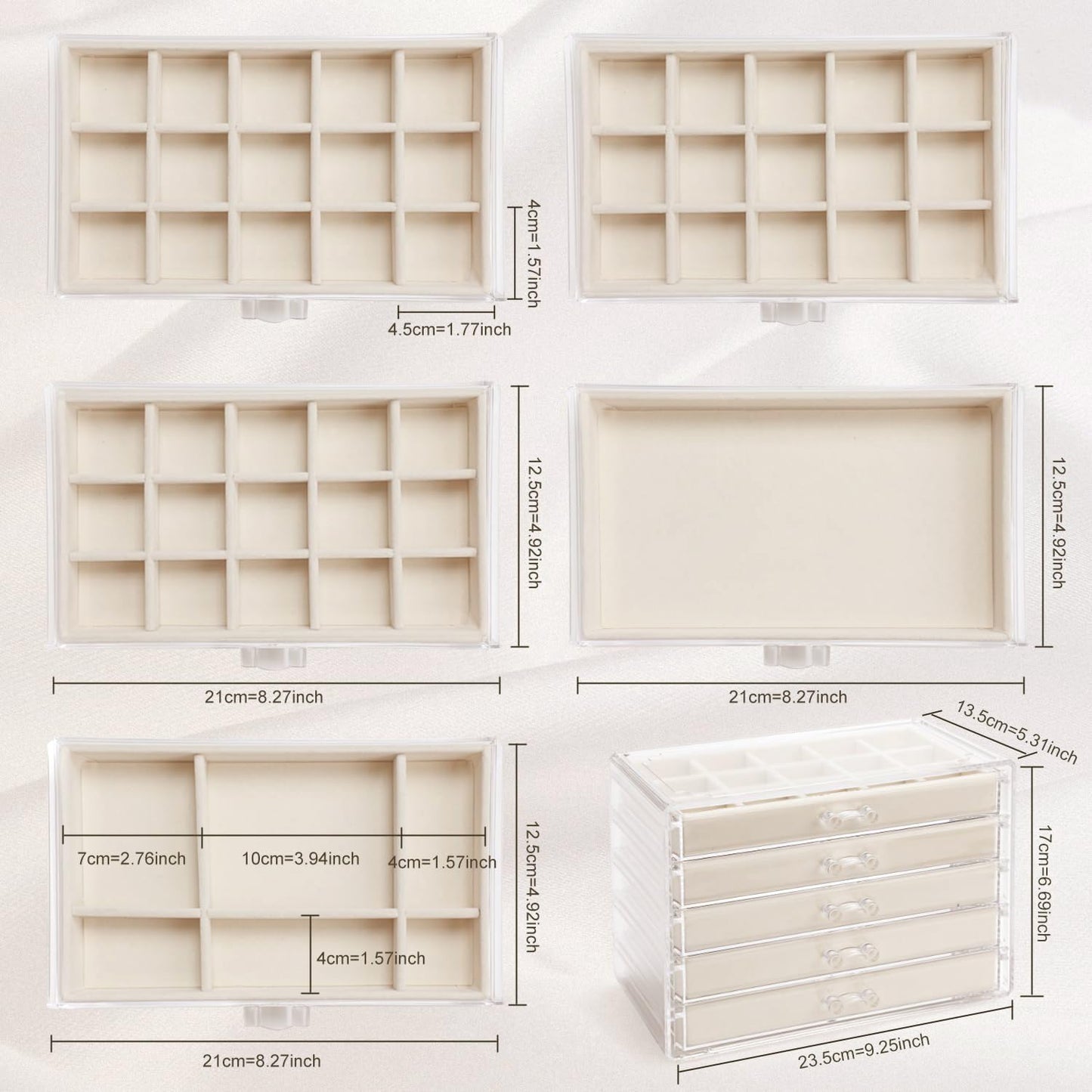 GUOER 5 Drawers Clear Jewelry Box for Women and Girls, Acrylic Earring Holder Organizer Ring Holder Display Storage, Mother's Day Warm White