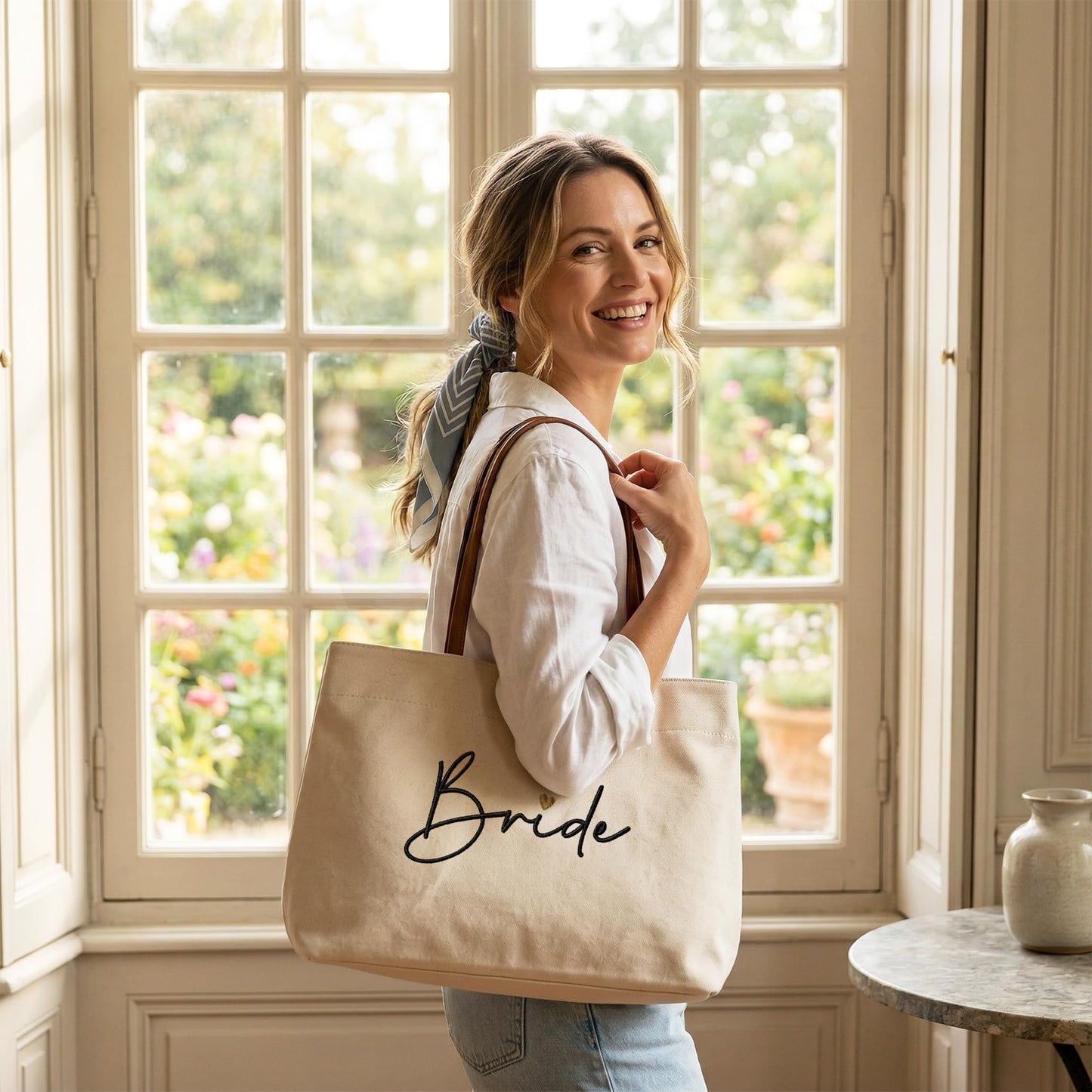 Ugiftcorner Bridal Shower Gifts for Bride Tote Bag, Embroidered Canvas Wedding Essential Bag with Leather Handle & Pocket, Bride to be Gifts, Bachelorette Honeymoon Beach Bag