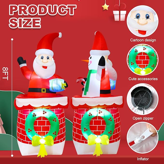 8ft Double-Sided Rotating Inflatable Snowman and Santa Claus Yard Decorations, Christmas Blow Up Decor for Indoor and Outdoor