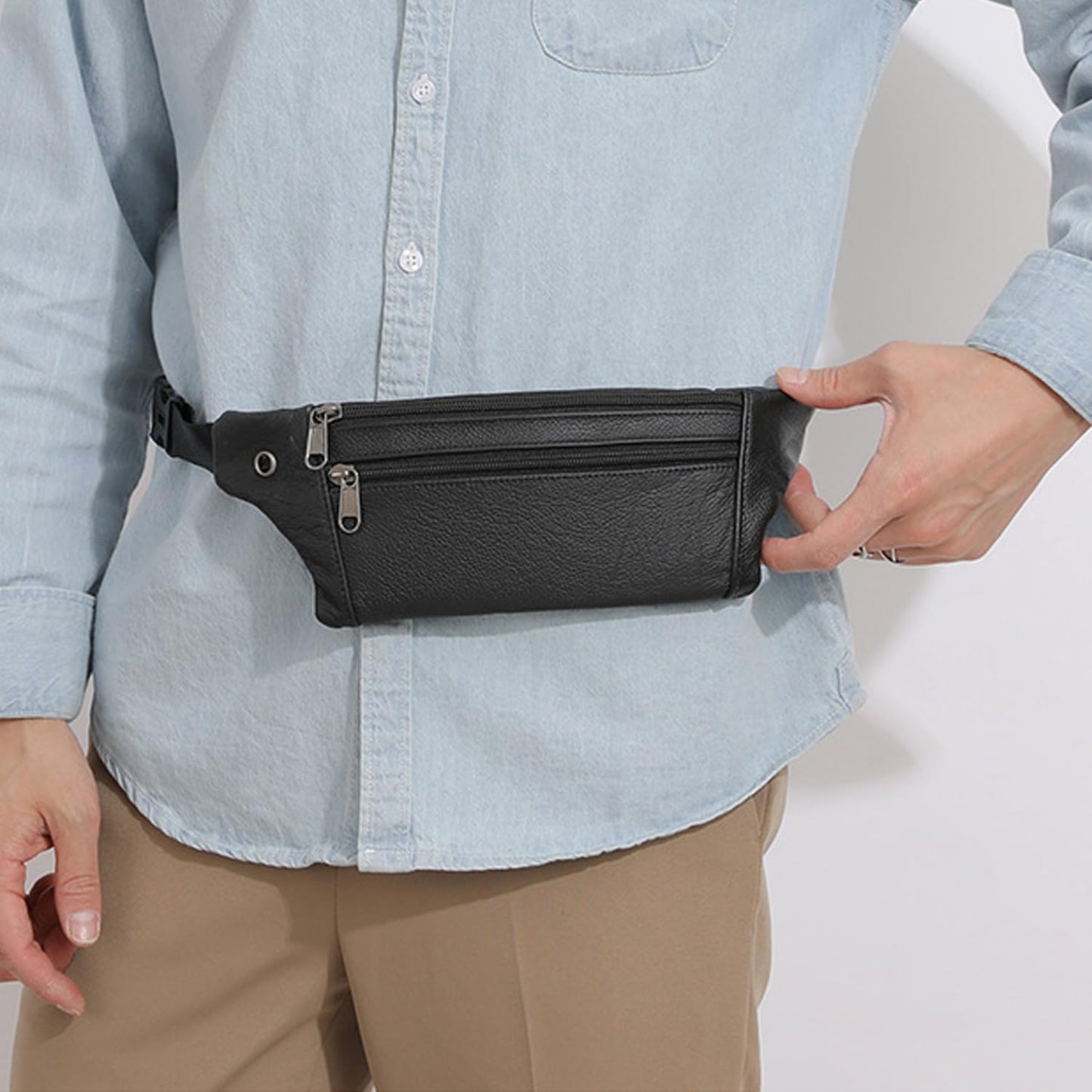 YRMLYMOP Leather Belt Bag,Black Belt Bag Mens Fanny Pack Crossbody 3-Zipper Pockets Phone Bag Fits All Phones Wallet Keys, Casual Hands-Free Waist Pack For Travel Workout Running Gifts