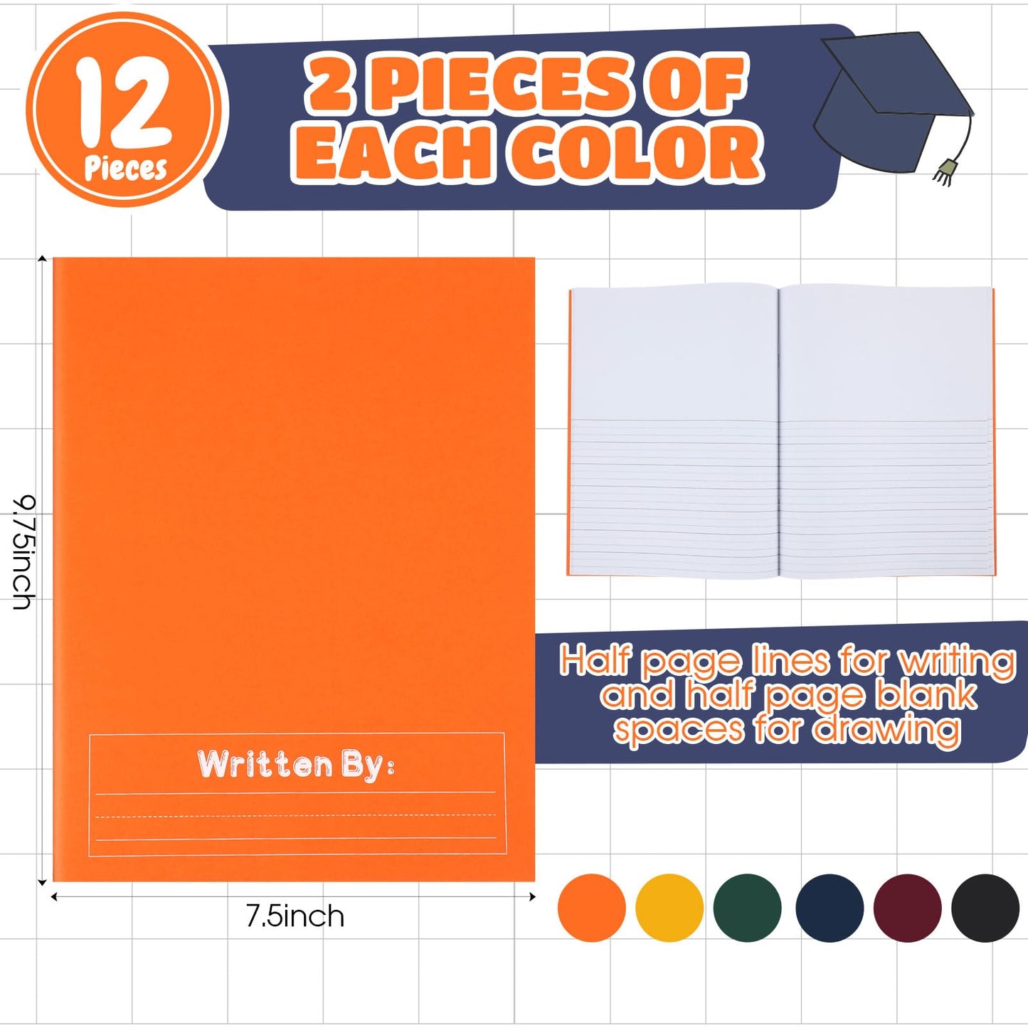 Henoyso 12 Pcs Primary Composition Notebook K-2 Primary Journal, Notebook for Kids Supplies, Bulk Blank Writing Book for Kid to Write Draw Journal 60 Page (9.8″ X 7.5″,Dark Color)