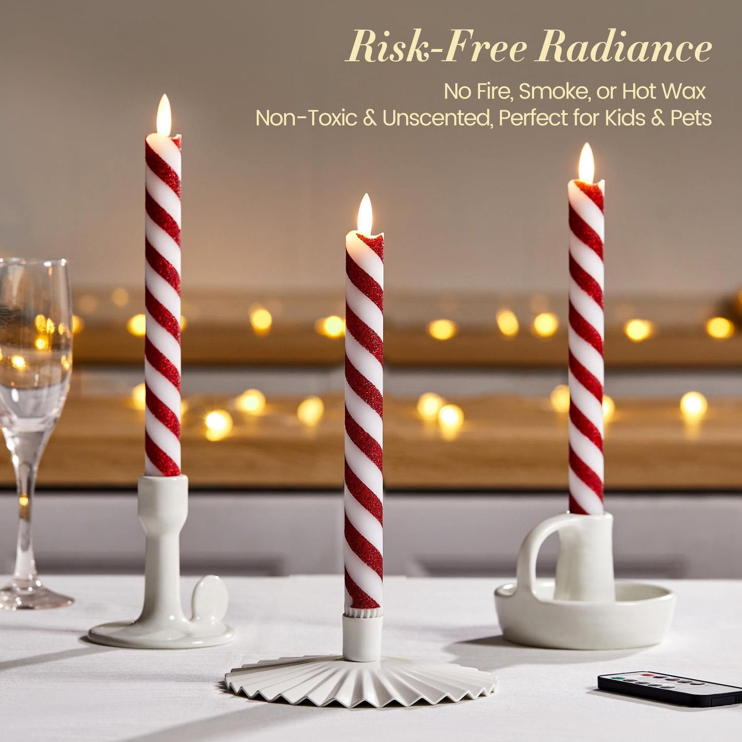 Velsyn 6 Pcs Christmas Flameless Taper Candles with Remote and Timer, 10 Inch Glitter Candy Cane Candles Battery Operated Christmas Candlesticks with LED Flickering Flame for Xmas Candy Cane Decor