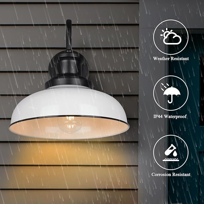 Outdoor Gooseneck Barn Light, Rustic Exterior Wall Mount Light, Farmhouse Vintage Wall Lighting Fixture, Industrial White Lantern for Porch, Garage, RZ007 WH