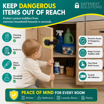 SAFENEST Child Proof Cabinet Locks (5 Pack Black) 3M Adhesive for Cabinets and Drawers, Fridge, Drawer Locks Baby Proofing, No Drilling; Alcohol Prep Pads Included