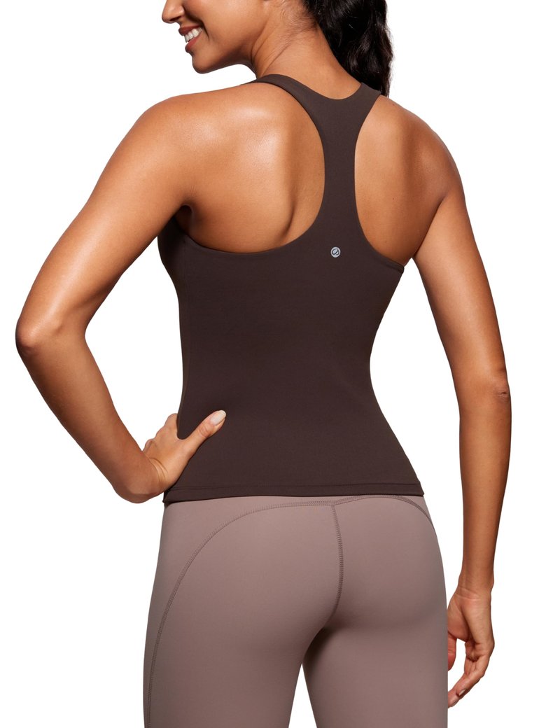 CRZ YOGA Butterluxe Workout Racerback Tank Tops for Women - Padded Athletic Spandex Yoga Shirts with Built in Bra Hot Fudge Brown X-Large