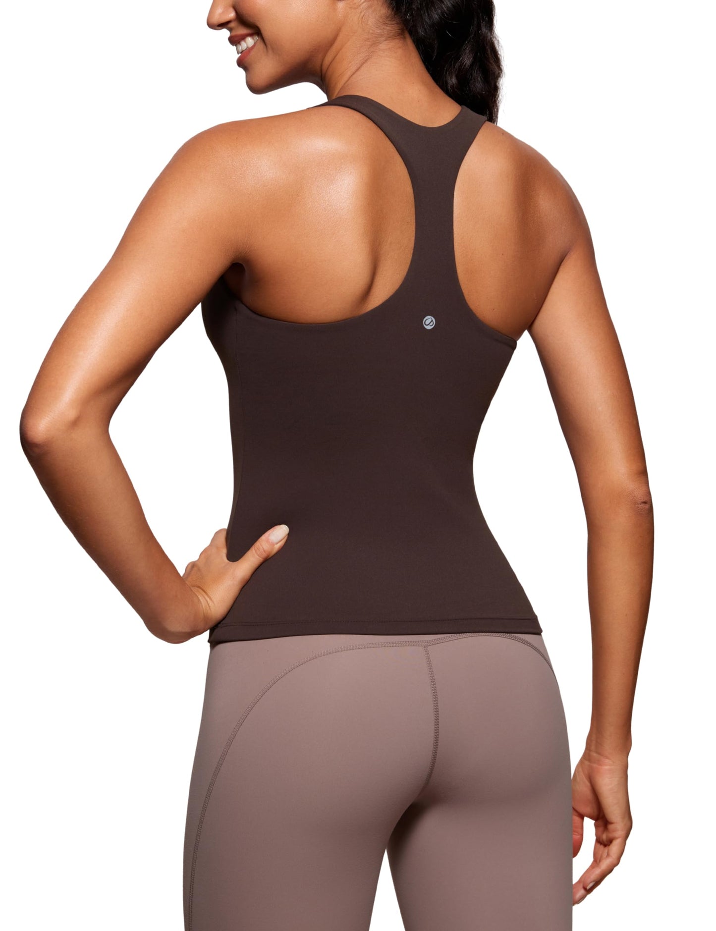 CRZ YOGA Butterluxe Workout Racerback Tank Tops for Women - Padded Athletic Spandex Yoga Shirts with Built in Bra Hot Fudge Brown Medium