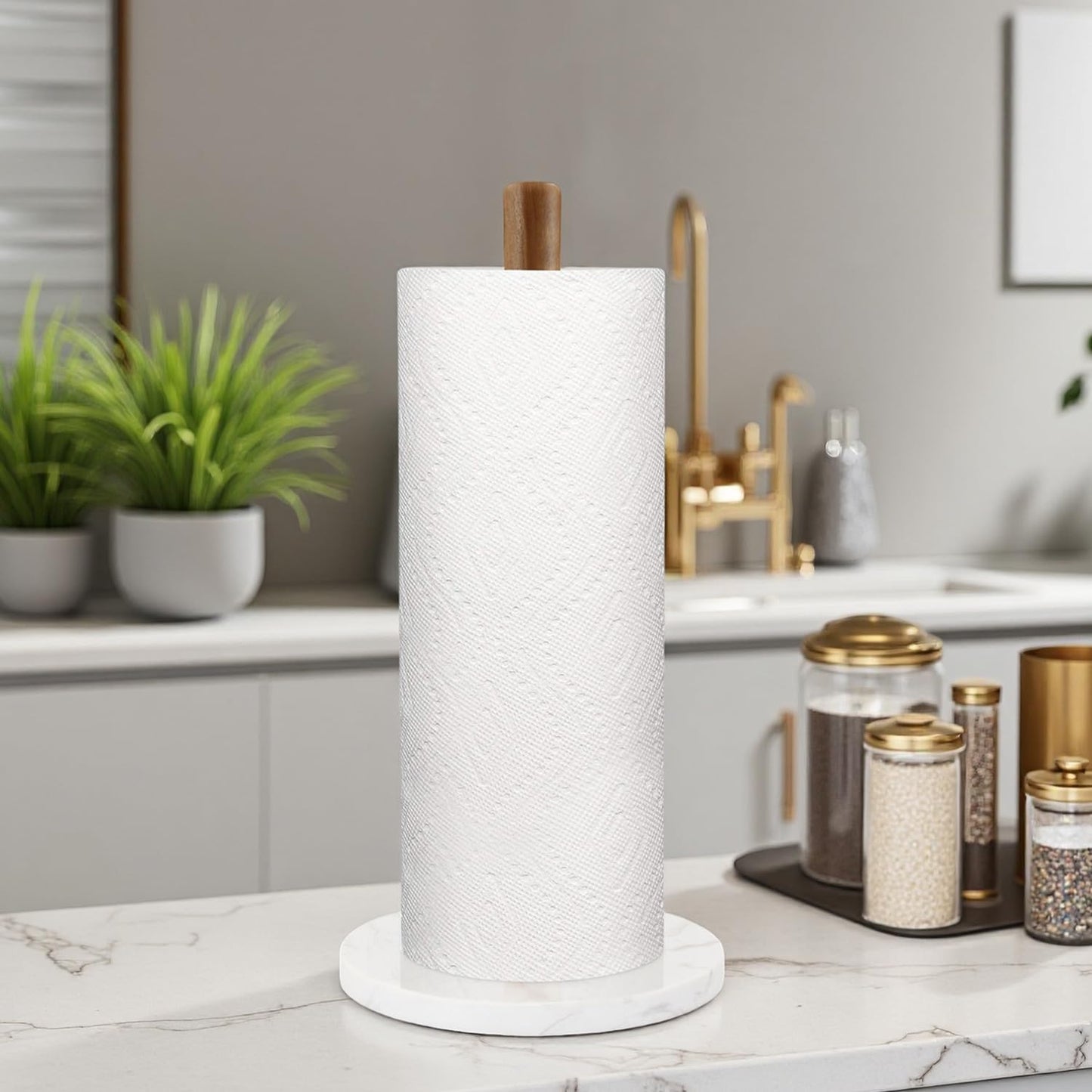 Buruis Wood Paper Towel Holder, Marble Base Modern Decorative Countertop Standing Rolls Holder for Kitchen, Toilet, Pantry and Bathroom (Marble Base White)