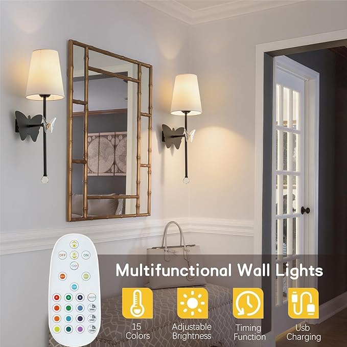 Battery Operated Wall Sconces Set of 2,Rechargeable Wall Lights with Butterfly Crystal Decorative Sconces,Cordless Battery Sconce Indoor Wall Lamps for Bedroom Living Room Hallway Stairs Black