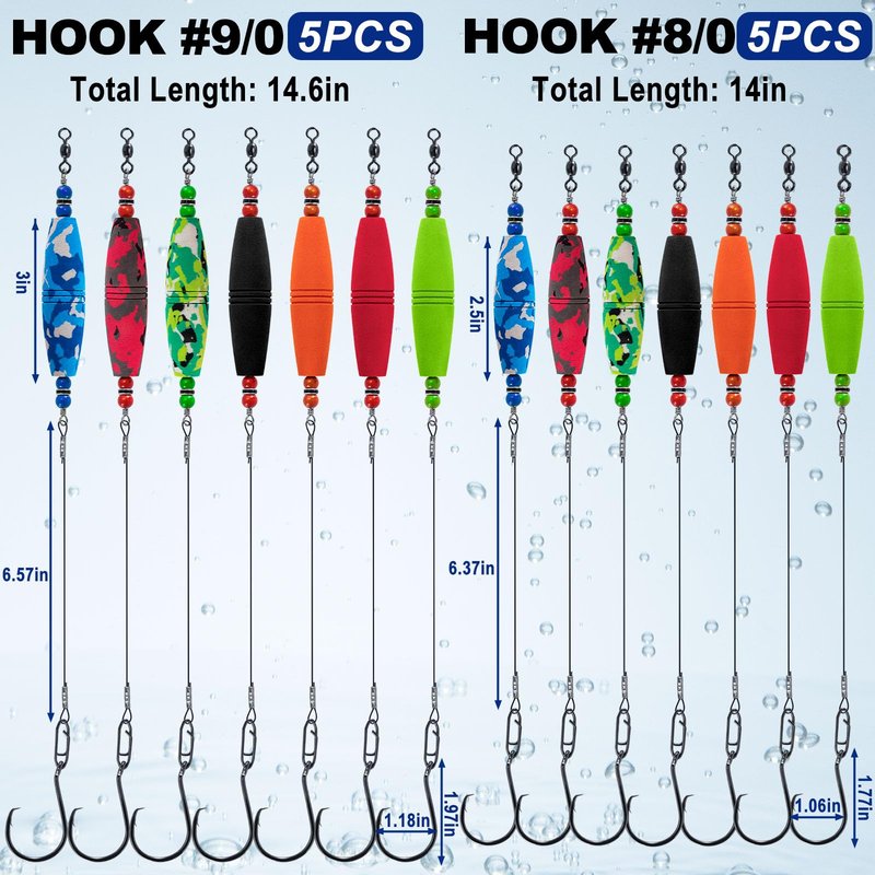Alwonder 5-Pack Catfish Float Rigs, Catfishing Tackle Bobbers High Buoyancy Body with 8/0 Circle Hooks, Green Chunky Rigs Catfish Equipment Cat Fishing Gear Rig for Bank Fishing