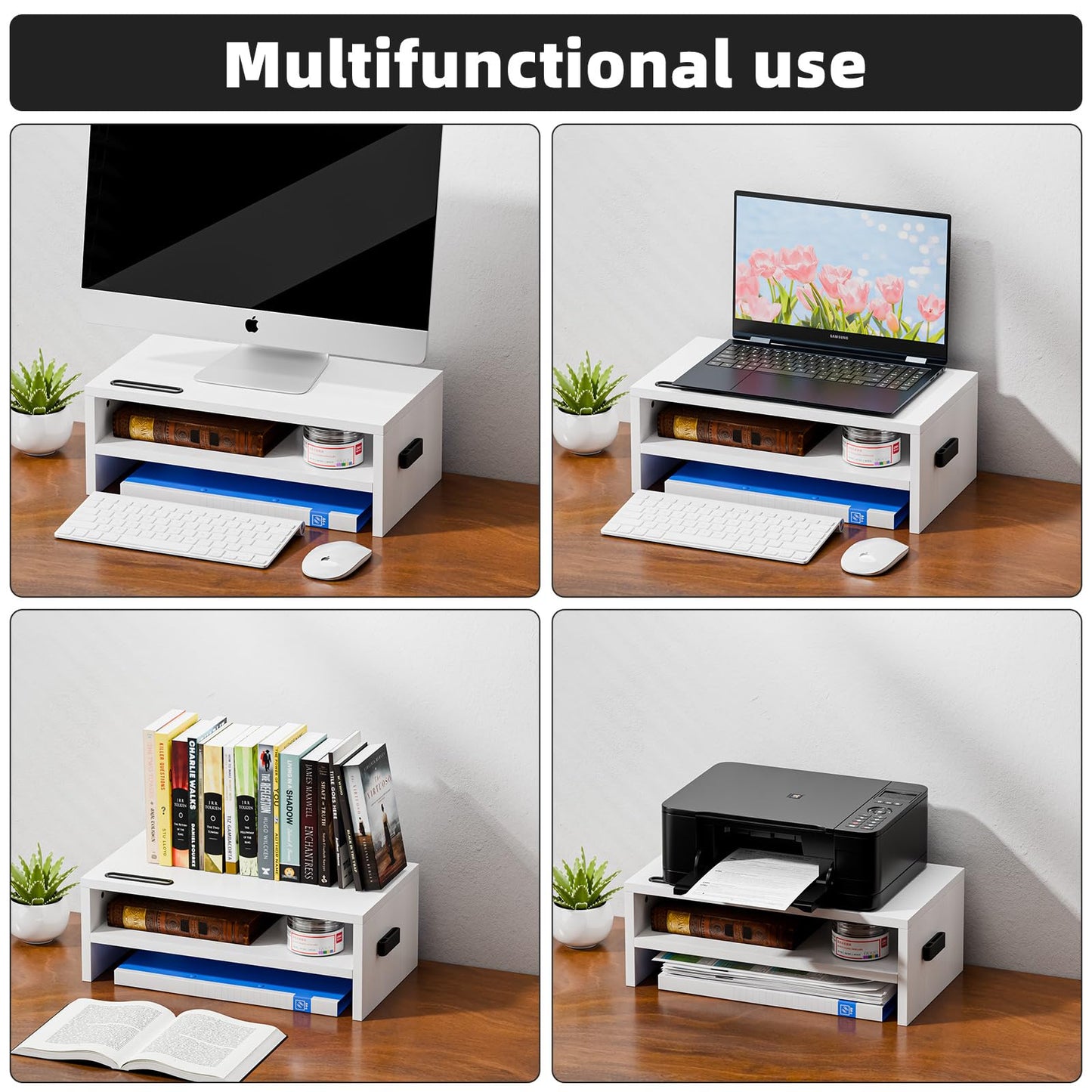 Marbrasse Monitor Stand Riser, 16.5 Inch 2 Tier Computer Printer Shelf Stand for Laptop Computer Screen Storage, Desktop Stand with Phone Holder and Cable Management (White)