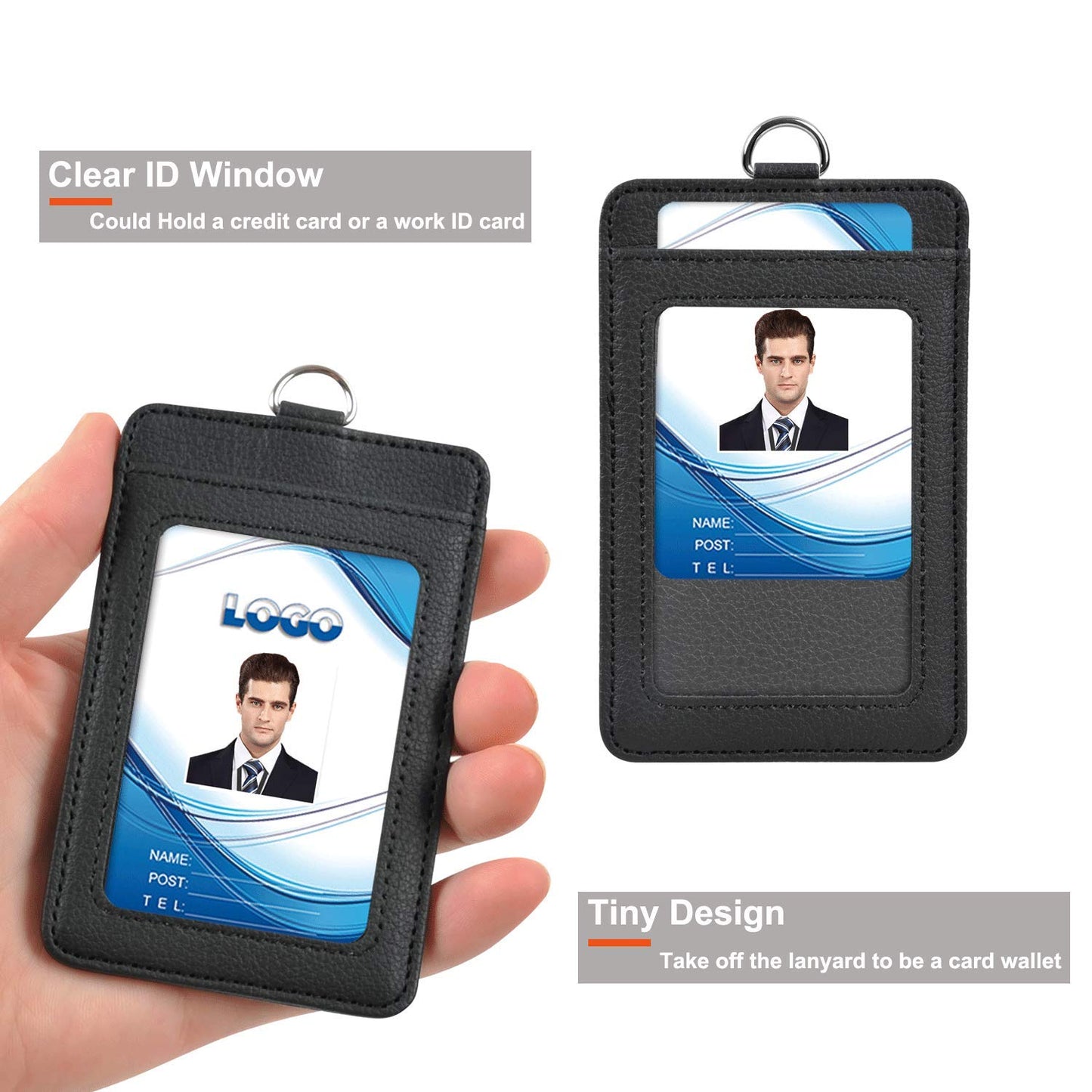 3 Pack PU Leather ID Badge Holder, Life-Mate ID Badge Holder with 1 Clear ID Window 1 Credit Card Slot and PU Leather Lanyard for Badge Credit Cards College ID Cards in Black