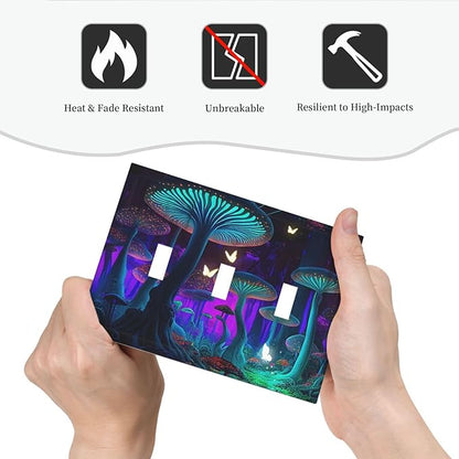 Fantasy Mushroom Forest Glowing Butterfly 3 Gang Wall Plates Decorative Triple Toggle Light Switch Cover Electrical Switchplate Unused Decorate Faceplate for Bathroom Home