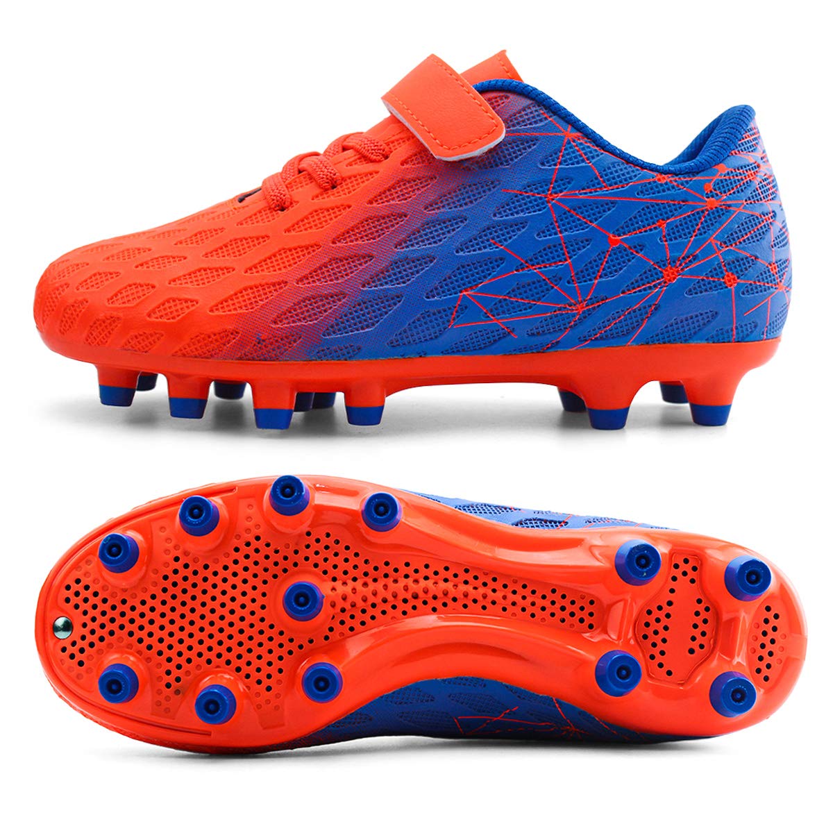 brooman Kids Firm Ground Soccer Cleats Boys Girls Athletic Outdoor Football Shoes(3.5,Orange Blue)