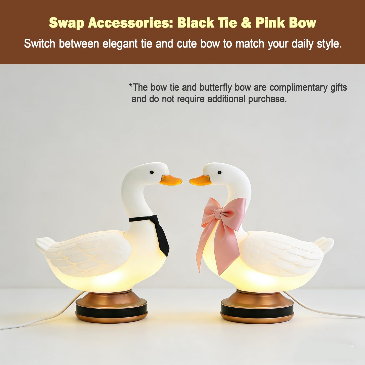 Eastyle Goose Night Light with Bow and Tie Accessories, Decorative Goose Shaped Table Lamp, Warm White USB Plug-in Goose Lamp, Cute Goose Nightlight, Resin Desk Light for Bedroom Shelf Decor Gift