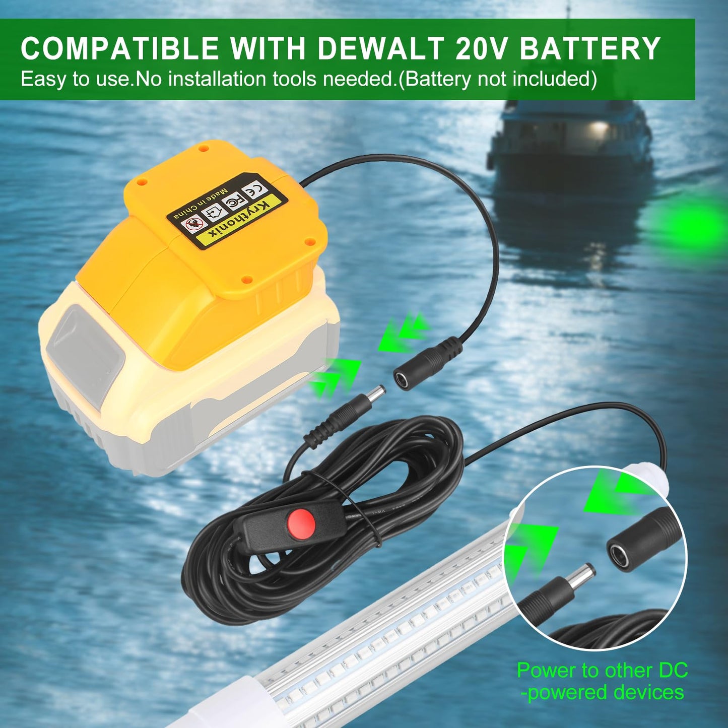 Krythonix Underwater Green Fishing Light Compatible with Dewalt 20V Battery,Fishing Lights LED Underwater for Crappie and Squid Attracting,13W,1512 lumens,Green Dock Light(No Battery)
