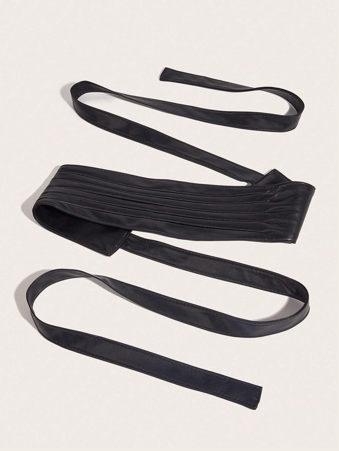 Fuimsul Women Elegant Pu Leather Obi Belt Fashion Solid Color Faux Leather Wide Waistband Tie Knotted Belt for Dress (Black)