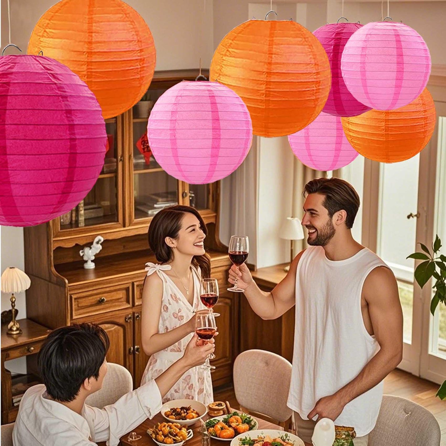 KUNYYI Hot Pink-Orange and Pink Paper Lanterns 12Pcs Hanging Lanterns for Birthday Party, Wedding, Home Decor, Baby Shower Festive Decoration