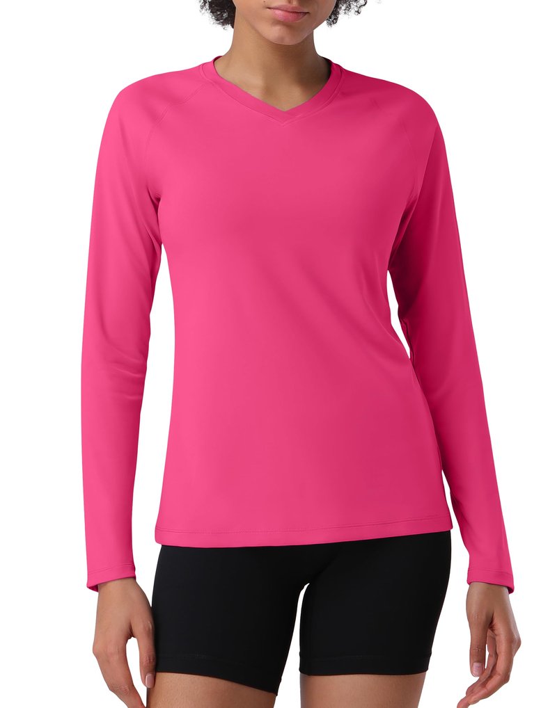 Pioneer Camp Women's UV Sun Protection SPF Shirt V Neck UPF 50+ Long Sleeve Workout Tops Quick Dry Rash Guard Hiking Running Rose Pink