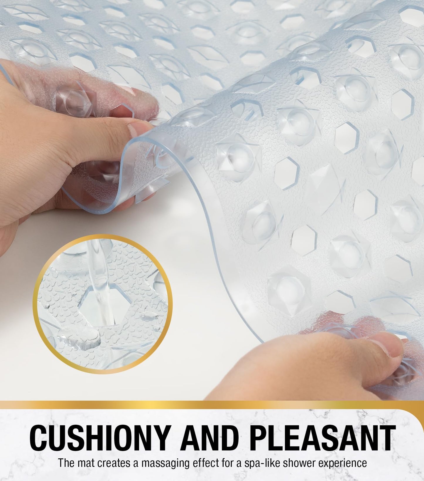 HITSLAM Non Slip Shower Stall Mat with Center Drain Hole, Diamond Textured PVC Bath Mat for Inside Shower, Machine Washable, Strong Suction Cups for Bathroom Bathtub Mat, 24x24 Inch, Clear