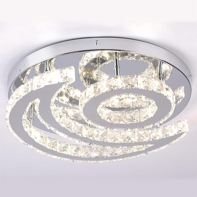 CXGLEAMING 15.7" Modern LED Ceiling Light Flush Mount Crystal Chandelier Light Fixture Round Moon Shape Modern Chandeliers for Living Room Bedroom Bathroom Hallway(3 Color Changable)