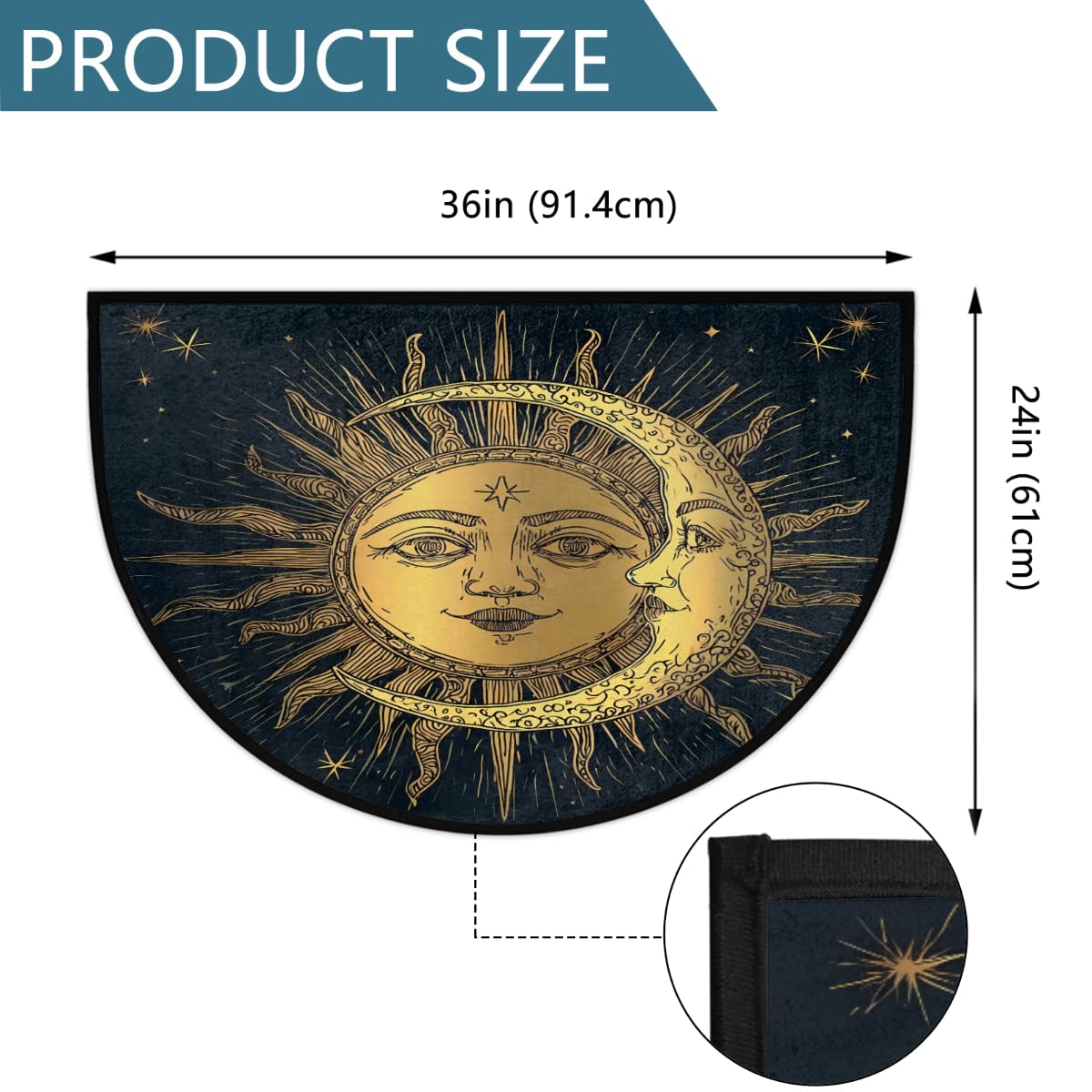 Half Round Rugs Ancient Antique Sun Moon Star Semicircular Indoor Door Mat Entryway Welcome Mat Non-Slip Half Round Low Profile Door Mat for Patio High Traffic Areas