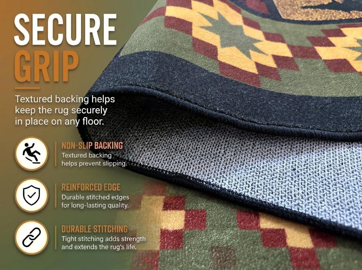 Deer Rug, 3x5 ft Rustic Lodge Cabin Carpet with Buffalo Plaid Wildlife Design, Washable Non Slip Hunting Rug for Living Room Bedroom, Man Cave, Western Farmhouse Decor