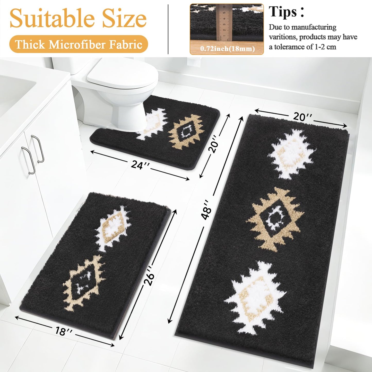 HEBE Boho Bathroom Rugs Set 3 Piece, Non Slip Washable Bath Mat Set, Ultra Absorbent Microfiber Bathroom Mats with U-Shaped Contour Toilet Rug, Aztec Western Bath Carpet Set for Tub, Shower