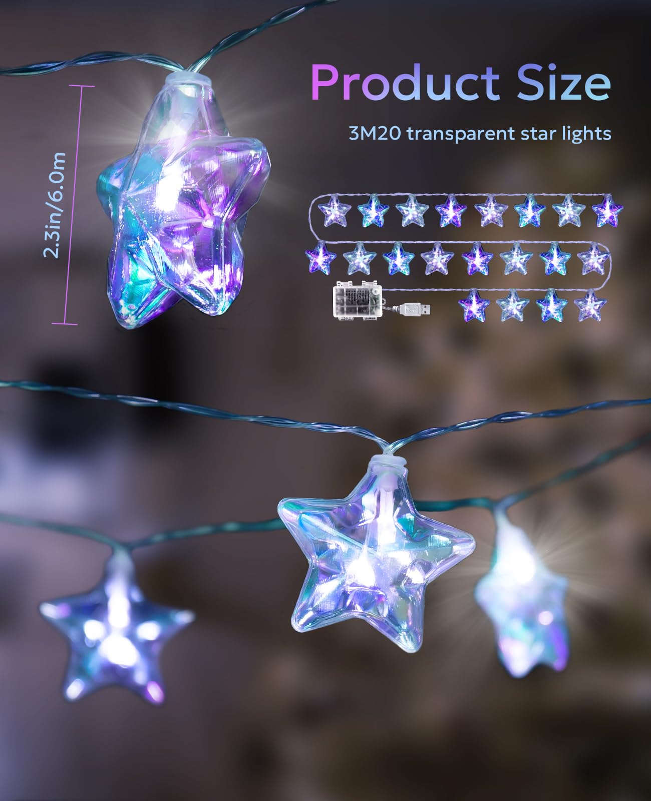 AceList 20 LED Star String Lights, 10ft Iridescent Star Lights with Remote, IP44 Waterproof, 8 Modes USB or Battery Operated Fairy Lights for Bedroom, Christmas, Party Decor (White)