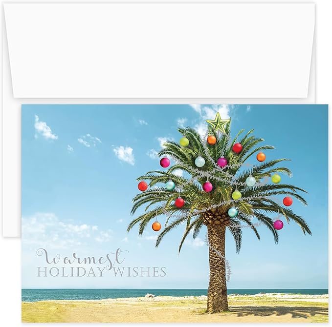 Canopy Street Masterpiece Decorated Palm Cards / 16 Tropical Beach Holiday Card Set With White Envelopes / 5 5/8" x 7 7/8" Warm Weather Coastal Vacation Greeting Cards With Inside Verse