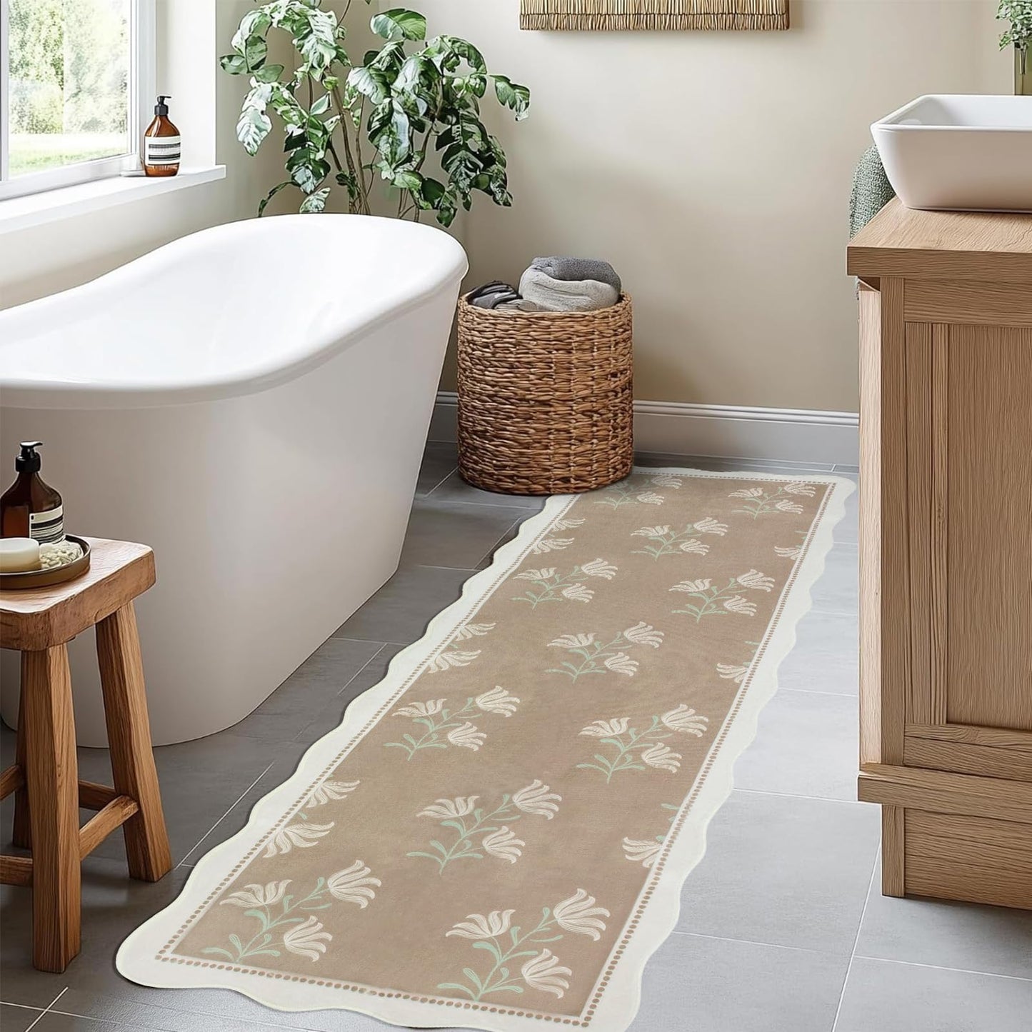 Albodanl Scalloped Floral Kitchen Runner Rug, 2x6 Washable Rug Runners for Hallways Non-Slip, Boho Farmhouse Ultra-Thin Soft Carpet for Bathroom Laundry Entryway