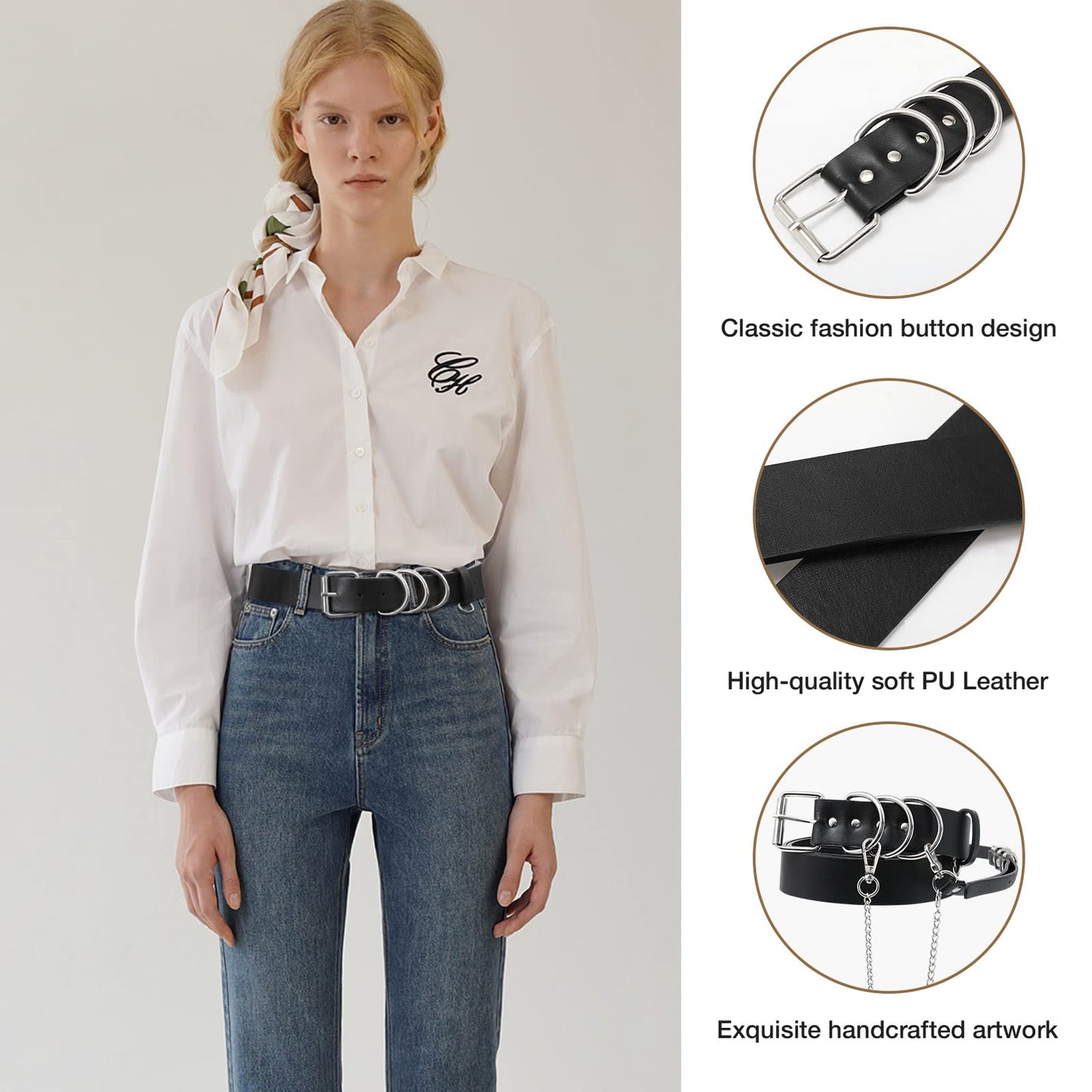 AWAYTR Women Leather Punk Waist Belt - Black PU Leather Adjustable Ladies Belts with Gold and Silver Buckle (Silver Buckle)