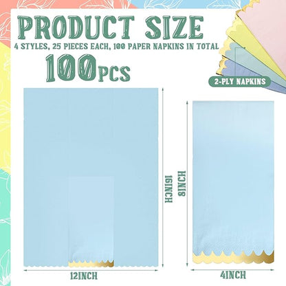 Estune 100 Pack Pastel Napkins with Gold Foil Scalloped Edge 4 x 8 Inch 2 Ply Disposable Thick Paper Cocktail Napkins Unicorn Party Decor for Wedding Dinner Birthday Tea Party Supplies(Multi Color)