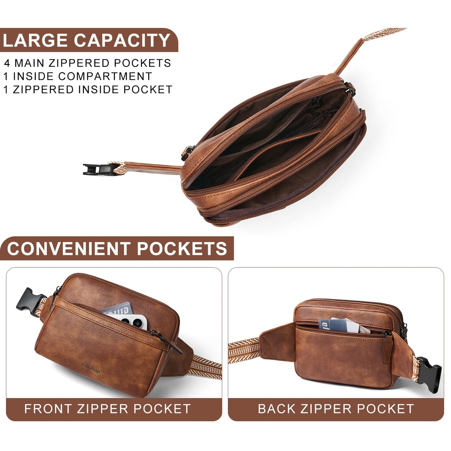 LATMAP 3L Fanny Pack Crossbody Bags for Women Men 4-Zipper Pockets Belt Bag Sling Waist Pack Faux Leather Chest Bag Purse Brown